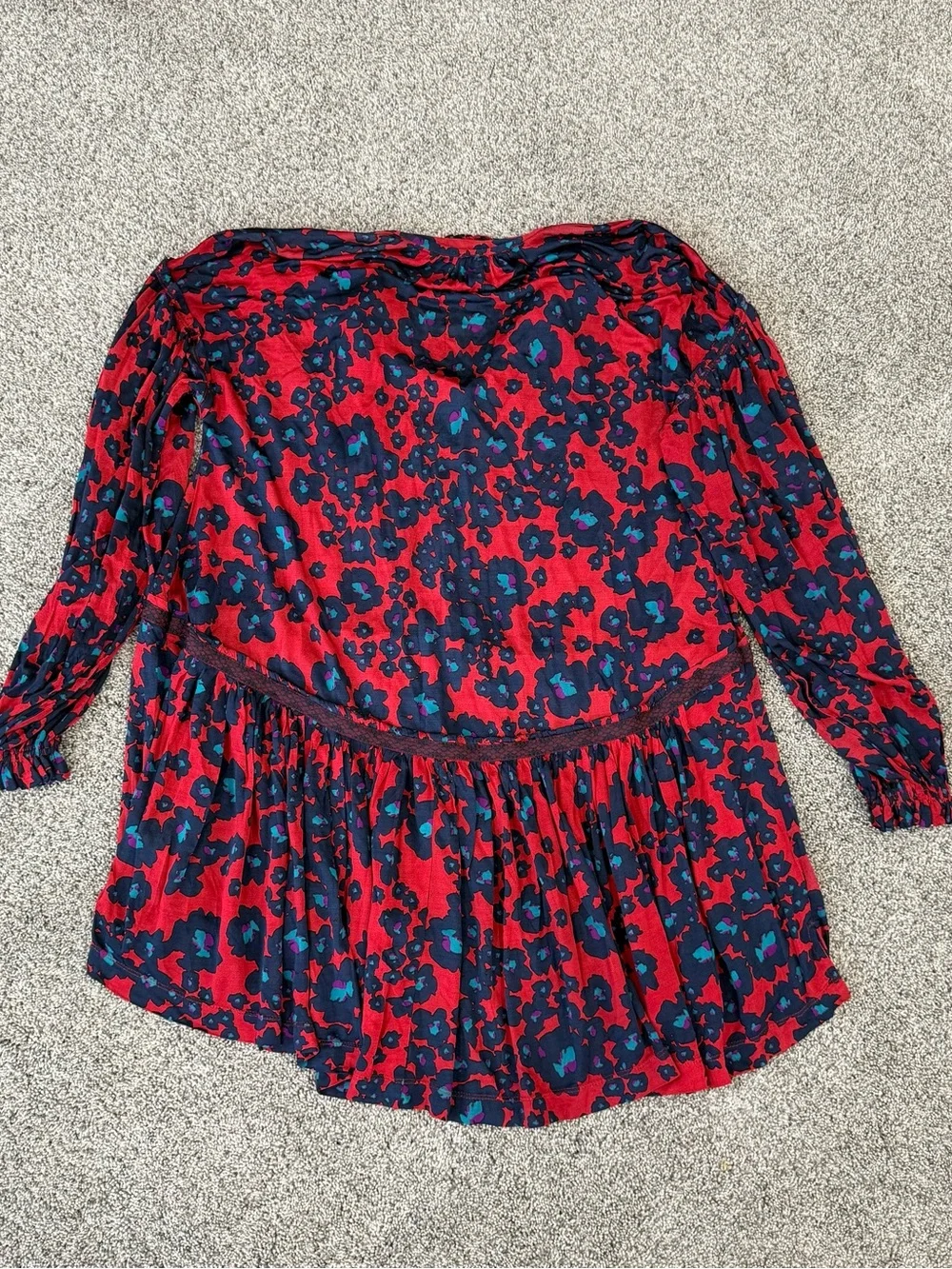 Free People Red Floral Print Button Front Mini Dress Boho Beach Oversize Size XS